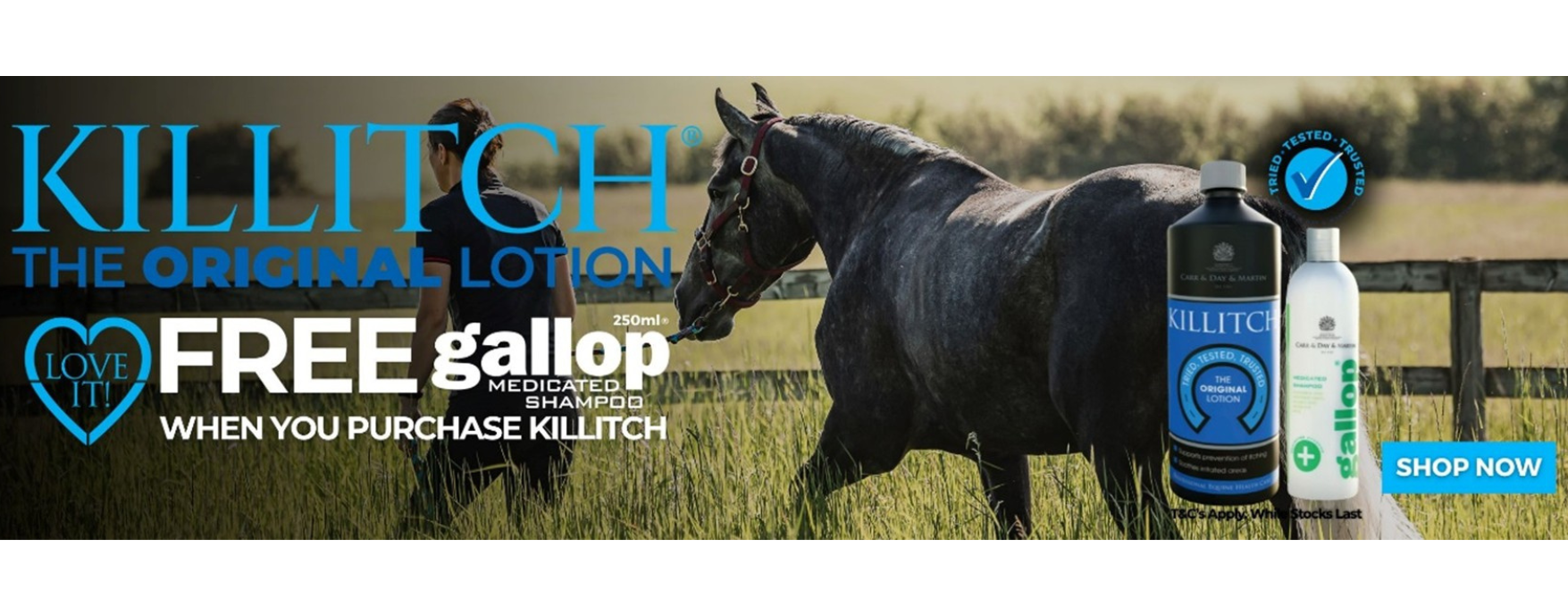 killitch banner with key product information and horse
